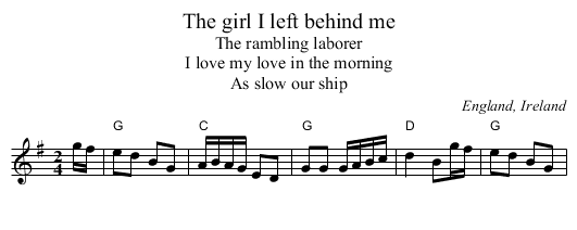 The girl I left behind me - staff notation