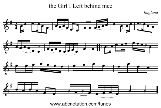 the Girl I Left behind mee - staff notation