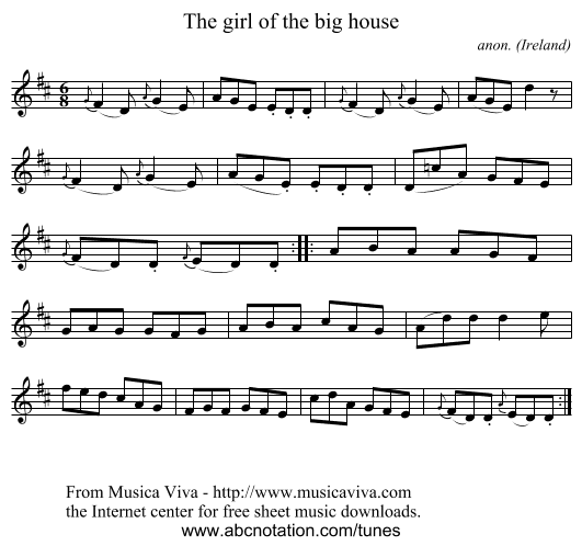 The girl of the big house - staff notation