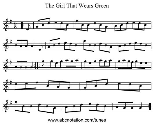 The Girl That Wears Green - staff notation