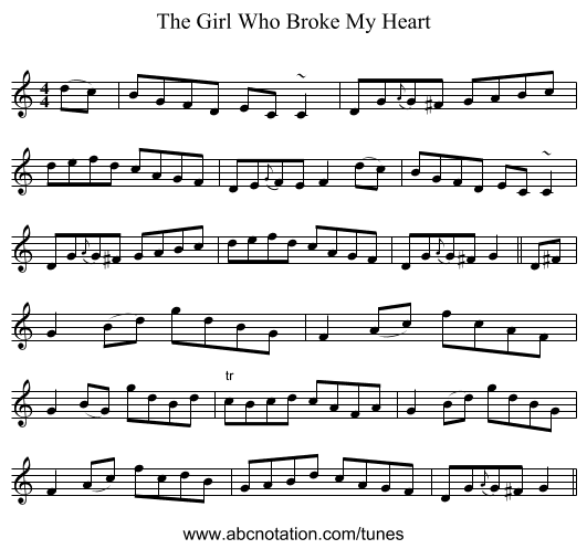 The Girl Who Broke My Heart - staff notation