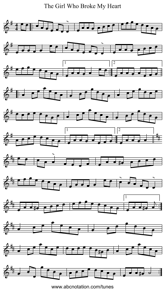 The Girl Who Broke My Heart - staff notation