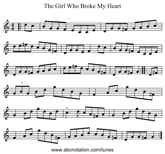 The Girl Who Broke My Heart - staff notation