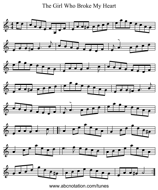 The Girl Who Broke My Heart - staff notation