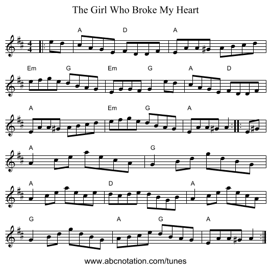 The Girl Who Broke My Heart - staff notation