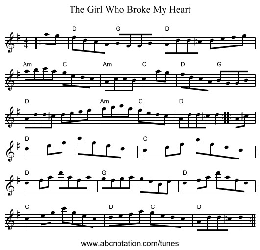 The Girl Who Broke My Heart - staff notation