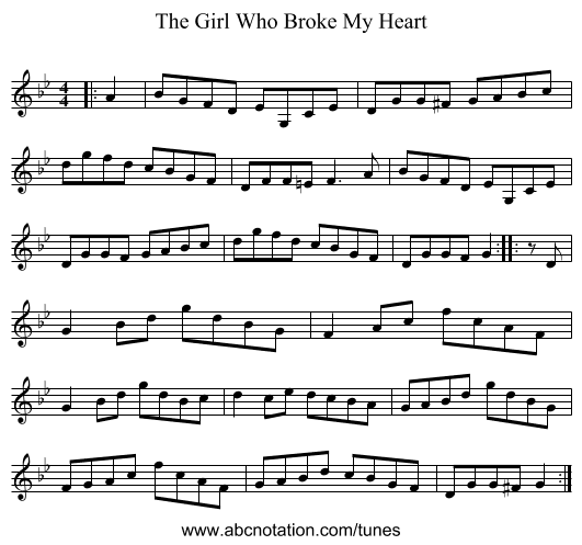 The Girl Who Broke My Heart - staff notation