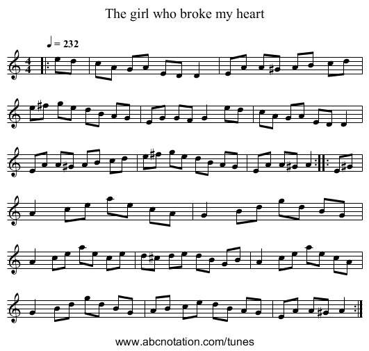 The girl who broke my heart - staff notation