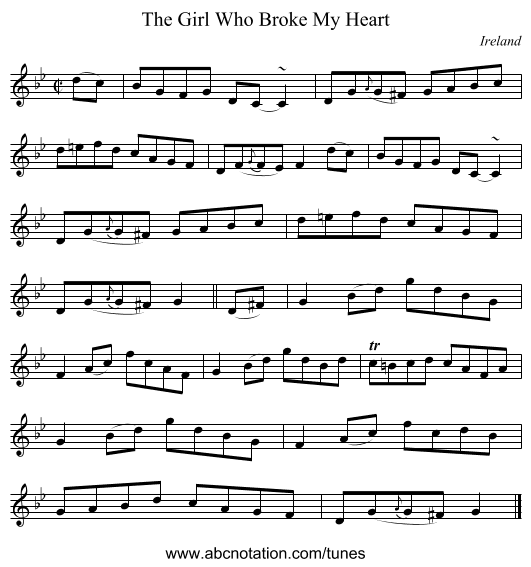 The Girl Who Broke My Heart - staff notation