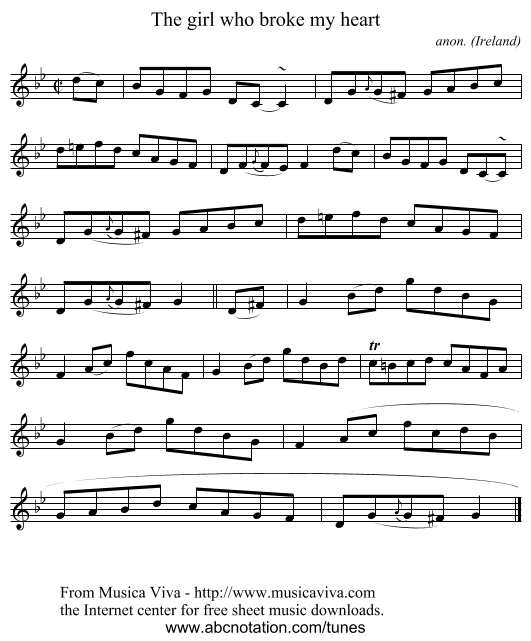 The girl who broke my heart - staff notation