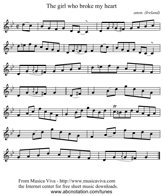 The girl who broke my heart - staff notation