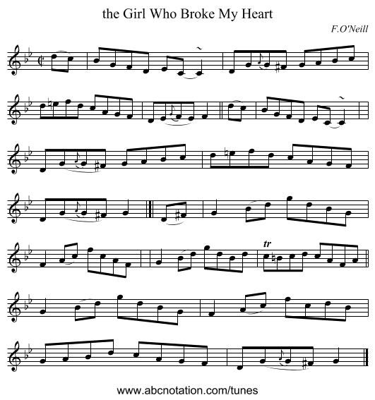 the Girl Who Broke My Heart - staff notation