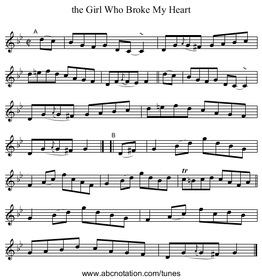 the Girl Who Broke My Heart - staff notation