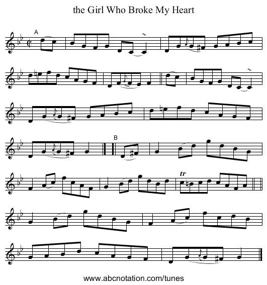 the Girl Who Broke My Heart - staff notation