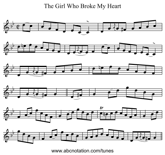The Girl Who Broke My Heart - staff notation