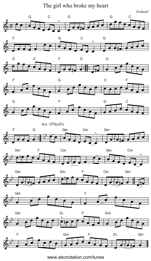 The girl who broke my heart - staff notation