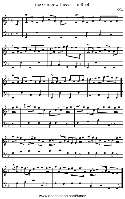 the Glasgow Lasses.   a Reel. - staff notation