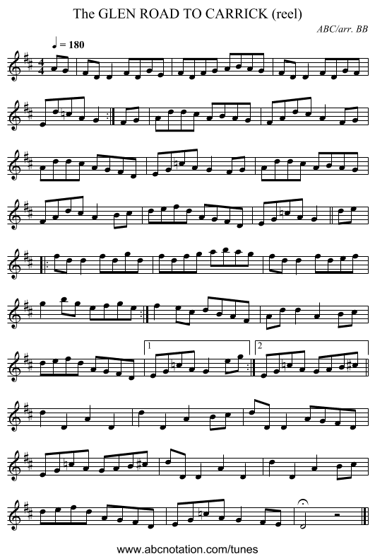 The GLEN ROAD TO CARRICK (reel) - staff notation