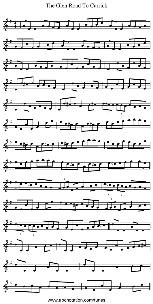The Glen Road To Carrick - staff notation
