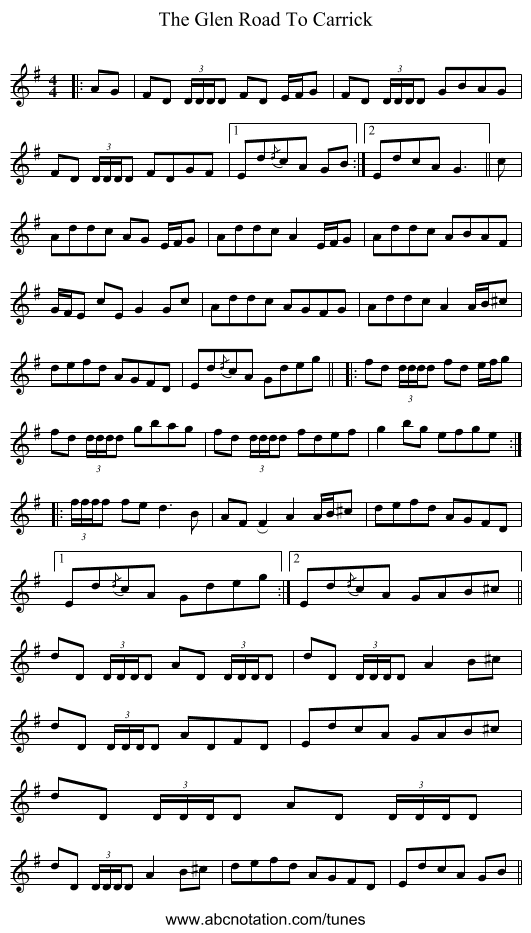 The Glen Road To Carrick - staff notation