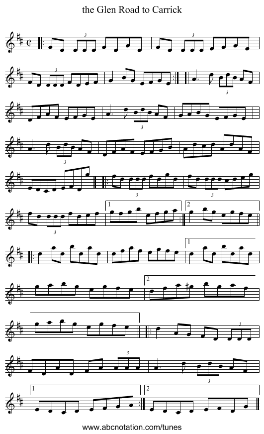 the Glen Road to Carrick - staff notation
