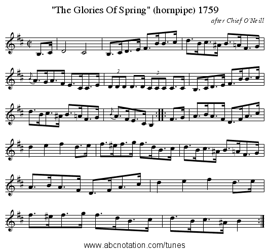 The Glories Of Spring (hornpipe) 1759 - staff notation