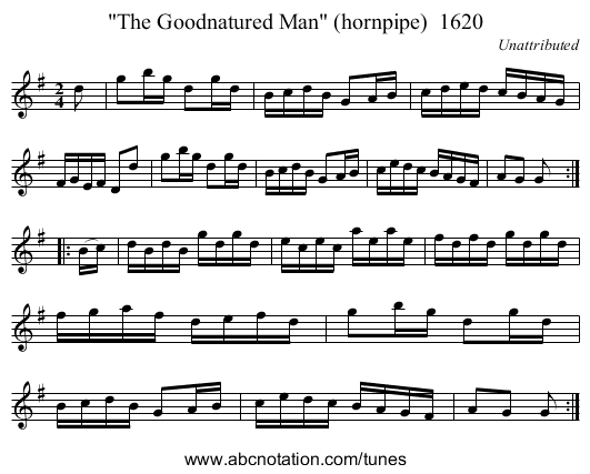 The Goodnatured Man (hornpipe)  1620 - staff notation