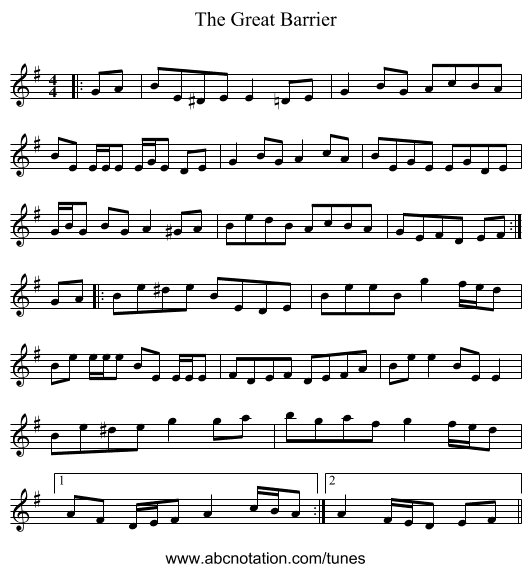The Great Barrier - staff notation