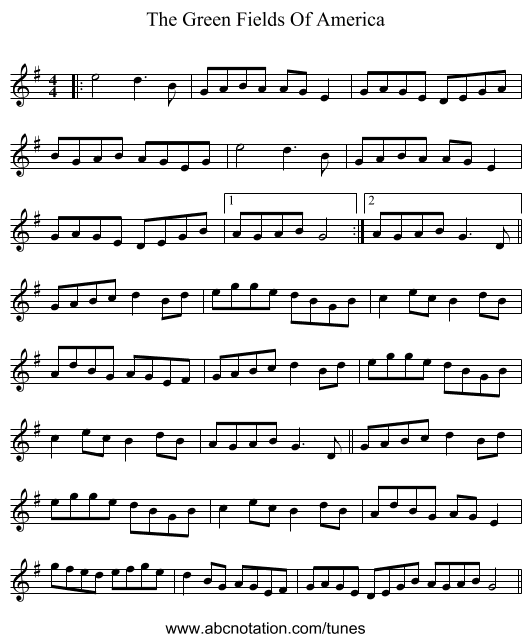 The Green Fields Of America - staff notation
