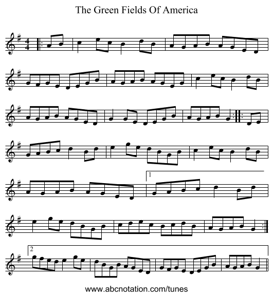 The Green Fields Of America - staff notation