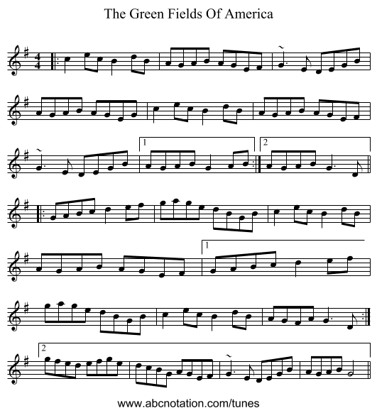 The Green Fields Of America - staff notation