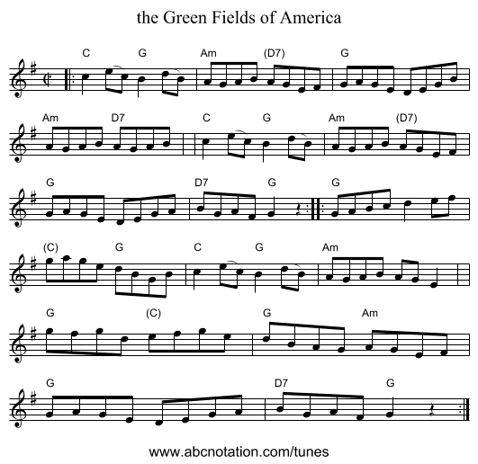 the Green Fields of America - staff notation