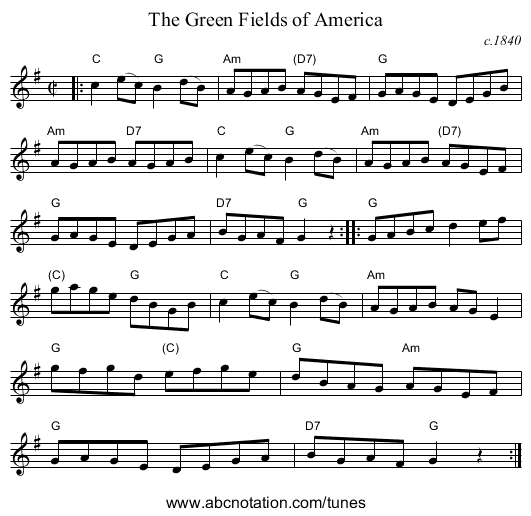 The Green Fields of America - staff notation