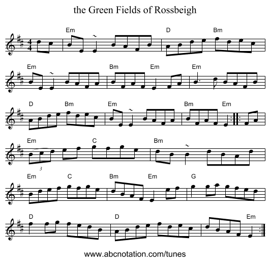 the Green Fields of Rossbeigh - staff notation