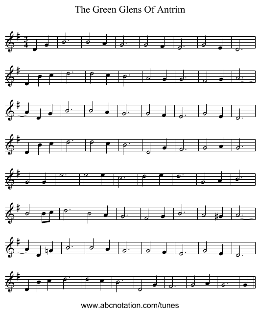 The Green Glens Of Antrim - staff notation