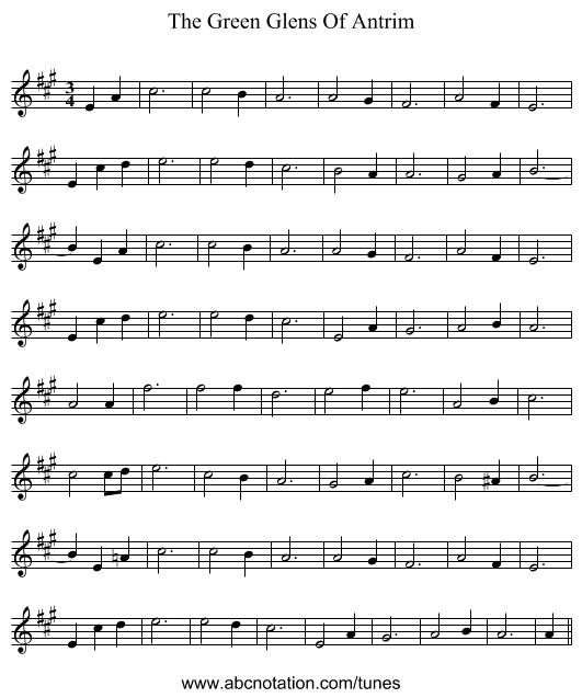 The Green Glens Of Antrim - staff notation
