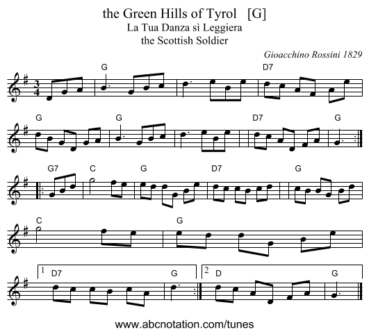 the Green Hills of Tyrol   [G] - staff notation