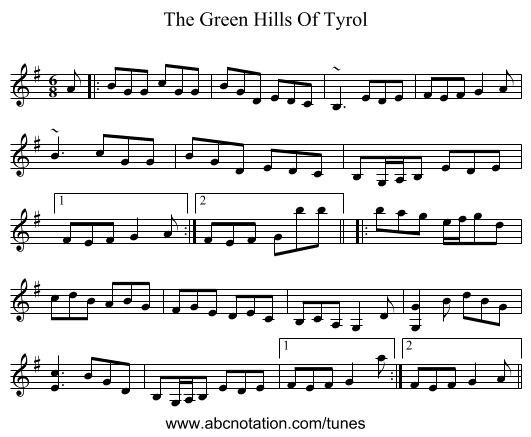 The Green Hills Of Tyrol - staff notation