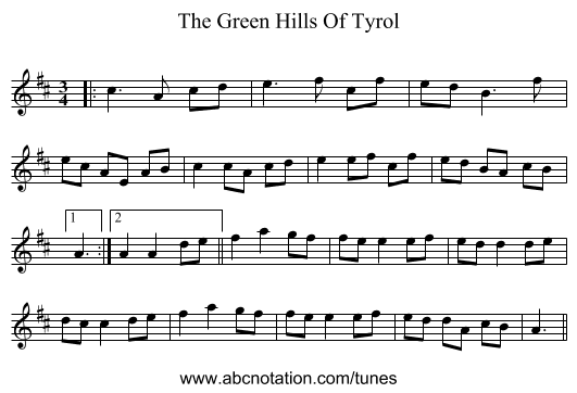 The Green Hills Of Tyrol - staff notation