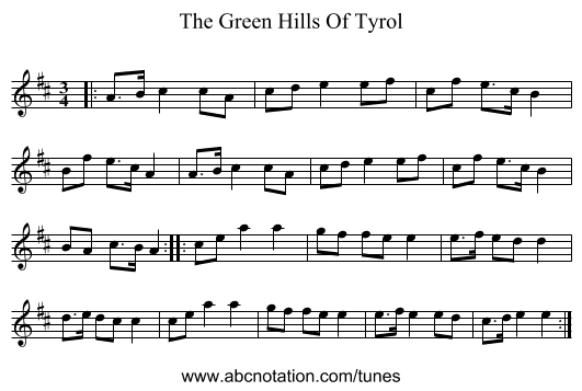 The Green Hills Of Tyrol - staff notation