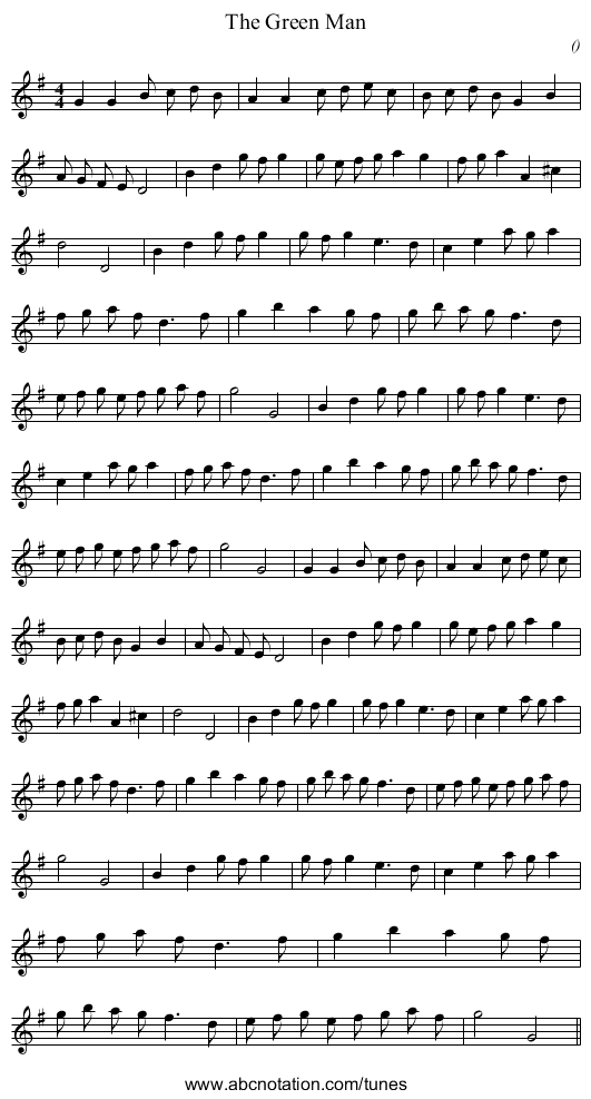 The Green Man - staff notation