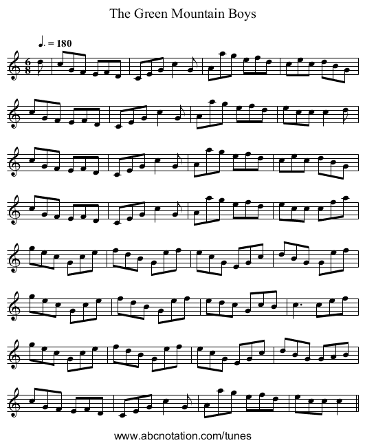 The Green Mountain Boys - staff notation