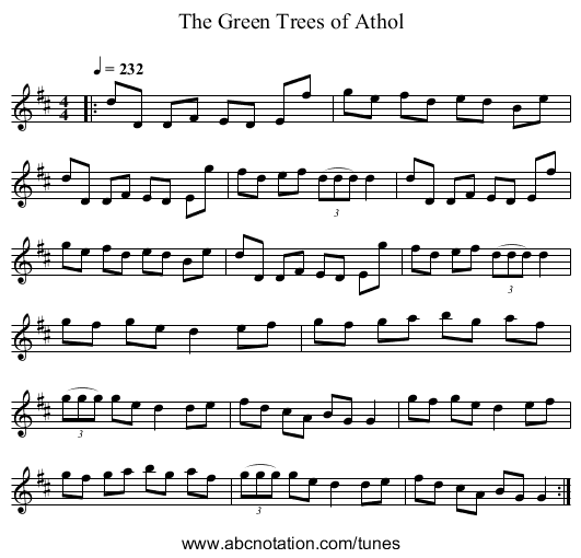 The Green Trees of Athol - staff notation