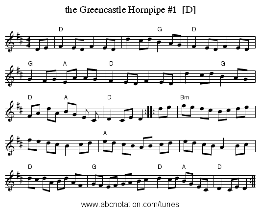 the Greencastle Hornpipe #1  [D] - staff notation