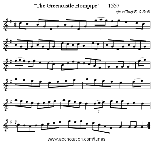 The Greencastle Hornpipe      1557 - staff notation
