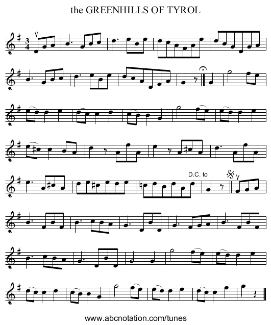the GREENHILLS OF TYROL - staff notation