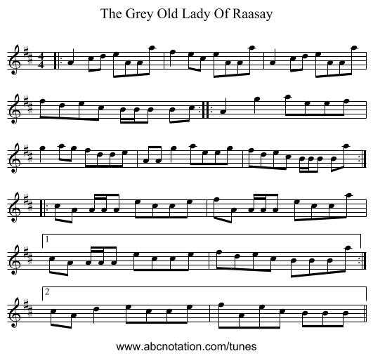 The Grey Old Lady Of Raasay - staff notation