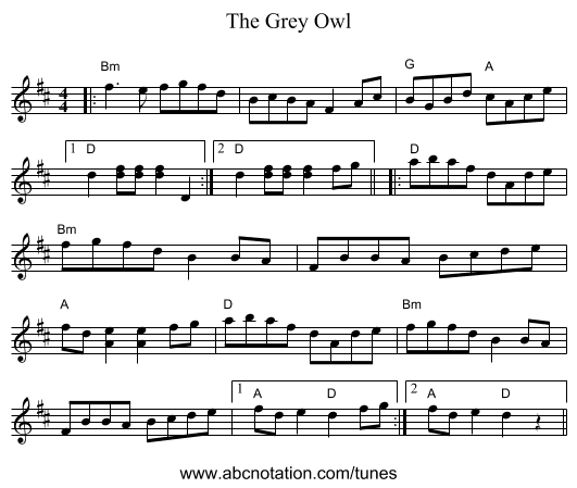 The Grey Owl - staff notation