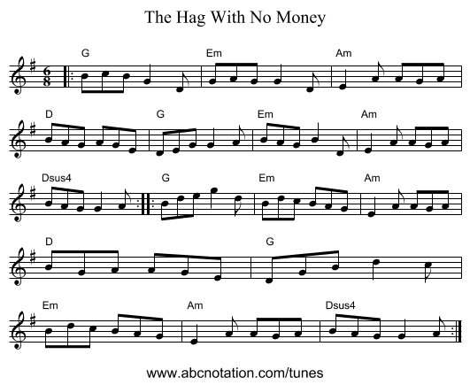 The Hag With No Money - staff notation