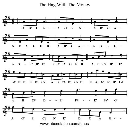 The Hag With The Money - staff notation